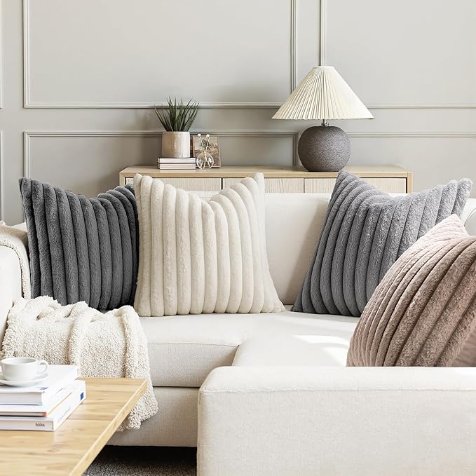 MIULEE Faux Fur Plush Decorative Throw Pillow Covers 18x18, Grey Taupe | Set of 4, Striped, Soft Boho Farmhouse, Rustic Home Decor, Cushion Cases for Sofa Couch Bed Living Room