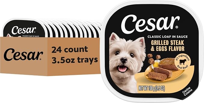 Cesar Classic Loaf Wet Dog Food, Grilled Steak & Eggs, 3.5 oz, 24 Count | Real beef #1 ingredient, made in the USA, 100% complete & balanced, no fillers/added sugar/artificial flavor, easy peel trays