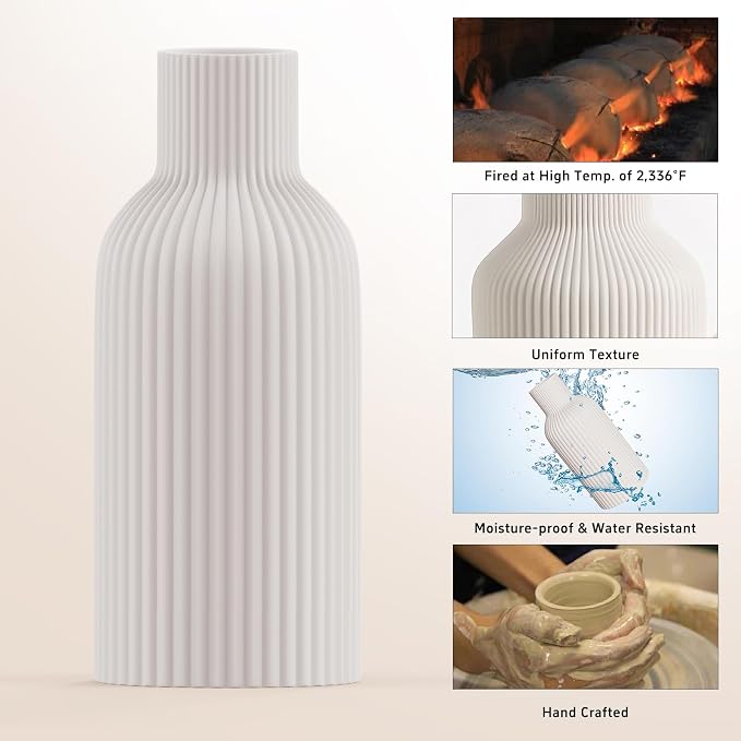 White Ceramic Flower Vase, Minimalist Modern Home Decor, Matte Finish Pampas Grass Vase for Table, Fireplace, Shelf, Mantel, Entryway and Centerpieces