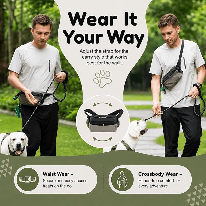 Dog Treat Pouch for Training, Magnetic Closure, Pull-Out Lining | 1.5-cup front pocket, large-phone storage, poop bag dispenser, used-bag loop, and 10-50 in strap for waist or crossbody wear