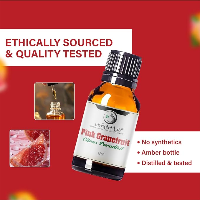 Pink Grapefruit Essential Oil Cold Pressed Citrus Paradisi Peel Oil Fresh Citrus Aroma Top Note Essential Oil for Aromatherapy Diffuser Skincare Haircare and Natural DIY Cosmetic Blends - 15 ml