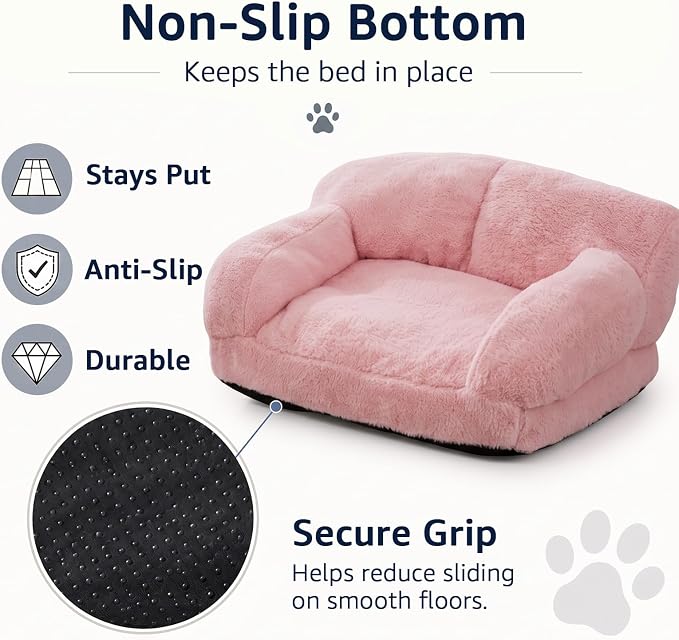 Cat Couch Bed with Removable Cover Washable Pink Small Dog Bed Soft Plush Pet Sofa for Indoor Cats Cute Princess Puppy Cushion, Non-Slip Bottom (Pink, 26x19x13 inch)