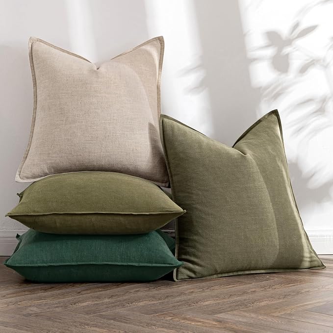 MIULEE Neutral Green Boho Linen Pillow Covers 20x20 Inch Pack of 4 | Natural Decorative Throw Pillow Covers, Farmhouse Couch Pillowcases, Modern Home Decor for Living Room Bed Sofa
