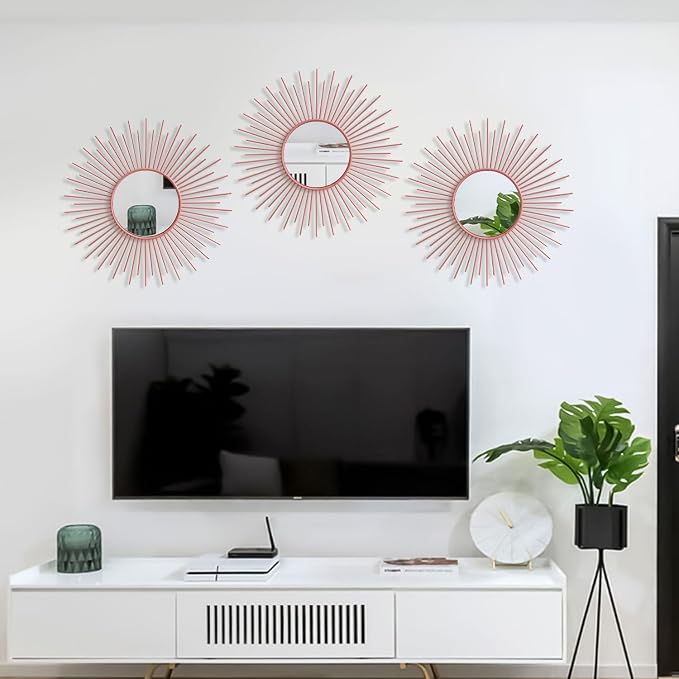 3 Pack Metal Mirrors for Wall Sunburst Wall Mirrors Home Décor Decorative Hanging Wall Art for Living Room Bedroom Entryway (Pink, Sunburst)