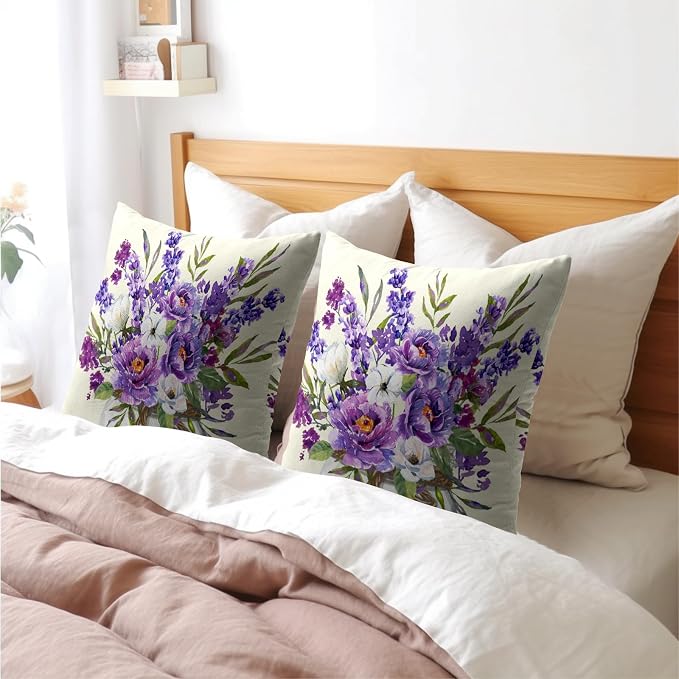 Kawani Lavender Flowers Throw Pillow Covers 22x22 Inch 2Pcs Watercolor Summer Purple Floral Leaves Mason Jar Farmhouse Pillowcases Cotton Linen Cushion Cover for Couch Sofa Bed Home Decor