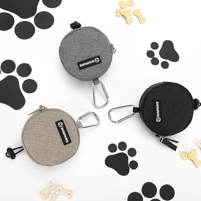 Dog Poop Bag Holder for Leashes- Dog Treat Pouch with Waterproof Zipper,Puppy Training Small Bag with Carabiner & Bungee Toggle,Two Pockets for Dry or Wet Treats-Pet Travel Walking Essentials (Grey)