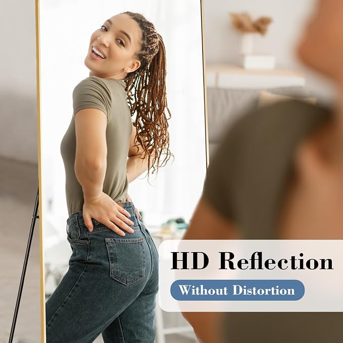DUMOS 26"x68" Full Length Mirror with Stand, Full Body Floor Mirror | Free Standing or Wall Mount, Nano Glass Aluminum Frame, Hanging or Leaning, Modern Simple Home Decor, Gold