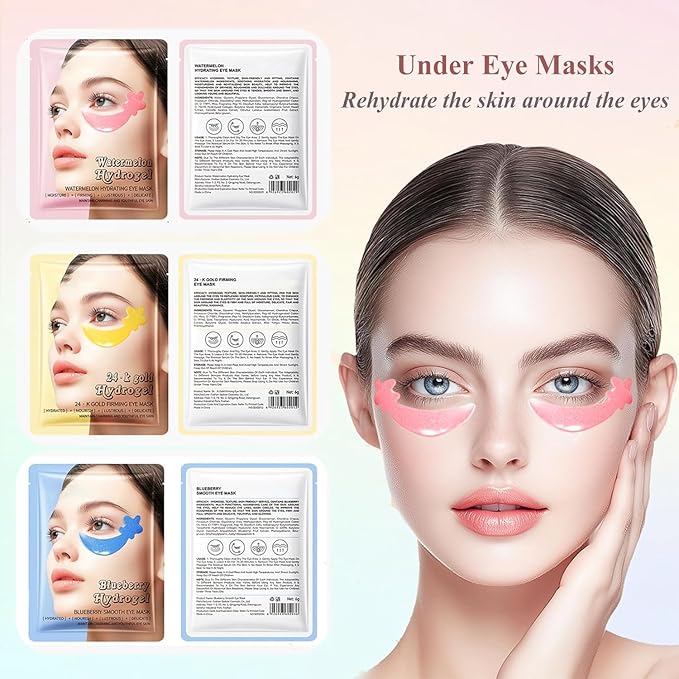 30 Pairs Under Eye Patches,Tri-color Star Under Eye Mask Patches for Sleepover Party,Cooling Eye Patches for Puffy Eyes and Dark Circles,Blueberry+Watermelon+24K Gold Hydrogel Overnight Eye Patches