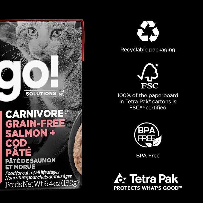 Go! Solutions Carnivore, Grain-Free, Protein Rich Wet Cat Food, Salmon and Cod Pâté, 6.4 oz (Pack of 6)