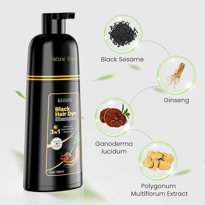 KAISASA Black Hair Dye Shampoo 3 in 1, Hair Color Shampoo for Women and Men, Hair Dye to Cover Gray Hair, Herbal Ingredient Shampoos for Grey Hair Coverage 500ml (Black)
