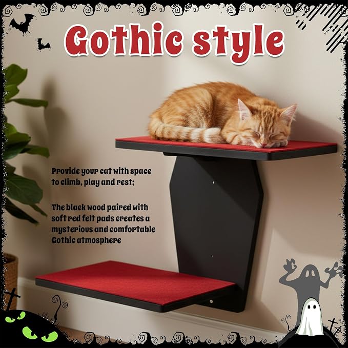 Sintuff Gothic Wall Cat Shelves Wall-Mounted 2 Platform Wall Climbing Steps Furniture Goth Floating Coffin Cat Bed Tree Space-Saving Perch Ladder for Playing Nap Indoor Gothic