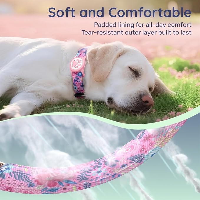 Airtag Dog Collar,with Waterproof airtag Holder，Original Stylish Cute Pattern Design.QR Code ID Buckle，Comfortable Soft Cotton for Small Medium Large Dogs