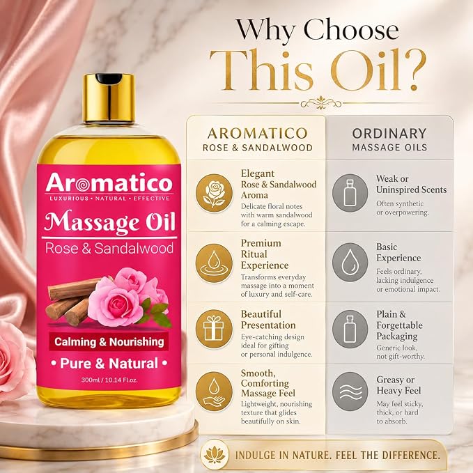 Aromatico Rose & Sandalwood Massage Oil for for Men & Women-10.1 fl oz | Lightweight Non-Greasy Body Oil for Massage & Daily Body Care, Fast-Absorbing Moisturizing Oil with Warm Floral Aroma