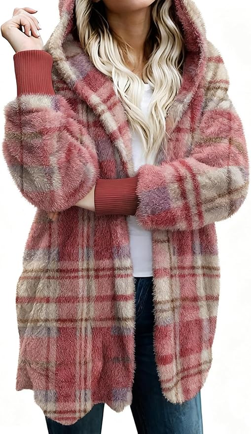 Zilcremo Women Hooded Cardigan Fuzzy Jacket Winter Open Front Fleece Coat Outwear with Pockets