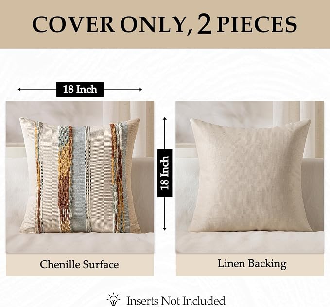 ANRODUO Boho Decorative Pillow Covers 20x20 Blue-Earth Tones Pack of 2 | Throw Pillow Covers, Farmhouse Cushion Case, Chenille Pillow Cases, Pillow Covers, Neutral Pillowcase for Sofa Couch Bed