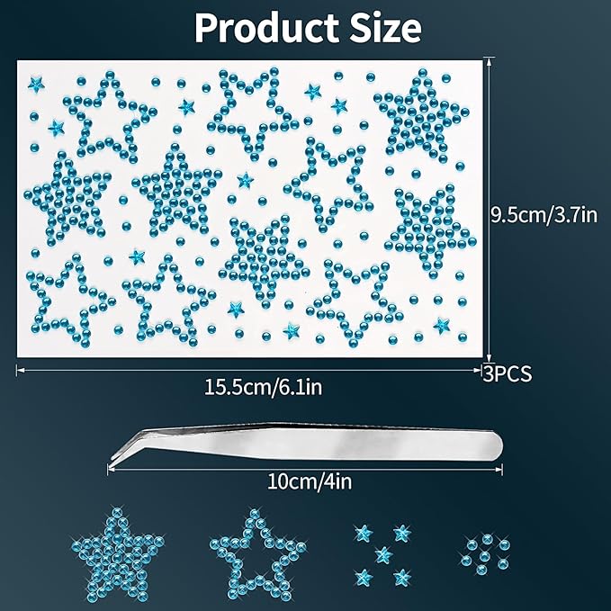 3 Sheers Blue Star Rhinestone Sticker Acrylic Star Gems Stickers Self Adhesive Face Jewels Stick On Face Eye Nail Body Crystal Pearls Jewels Face Sticker Decorative Stickers for Independence Day
