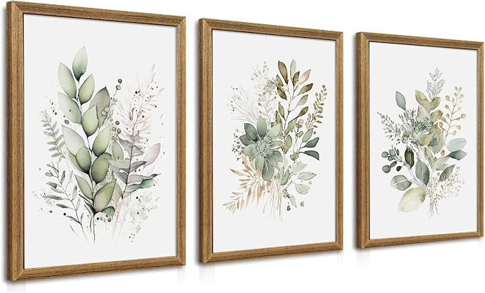 WRFON Framed Sage Green Botanical Wall Art Set of 3, Watercolor Eucalyptus & Wild Plant Canvas Prints, Minimalist Green Wall Decor for Living Room Bedroom Bathroom, 12x16 Inches