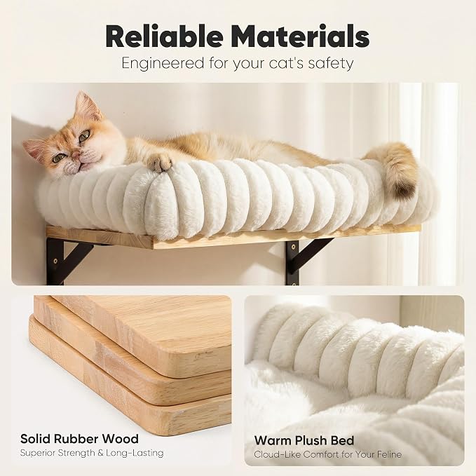FUKUMARU Cat Wall Shelves, 17 x 10 Inch, Soft Cushion | Solid Rubber Wood Floating Shelf with Upgraded Installation, Kitten Wall Furniture for Sleeping, Playing and Scratching