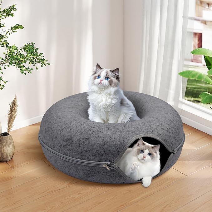Cat Caves for Indoor Cats, Large Cat Tunnel for Multiple & Large Cats, Scratch Detachable Cave Bed, Kitten Donut Kitty Hideaway Up to 45 Lbs (Dark Grey, Large, 2 Pack)