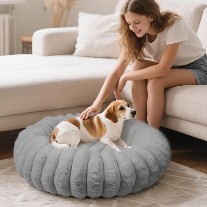 Donut Dog Beds Medium Large Size Dog Washable Pet Bed,31in Grey | Cozy Calming Round Cuddler, Fluffy Faux Rabbit Fur, Non-Slip Bottom, Anti-Anxiety, Circle Bed for Large Pets Up to 40 Lbs