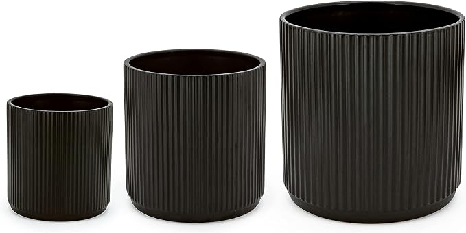 Amazon Basics Fluted Ceramic Planters for Indoor Outdoor Plants, Round Flower Pots with Drainage Hole, Set of 3, 6 inch, 8 inch, 10 inch, Black