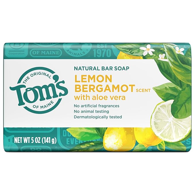 Tom’s of Maine Lemon Bergamot Natural Bar Soap with Aloe Vera, Dermatologically Tested, Paraben Free, Vegan, 5 oz, 4 pack