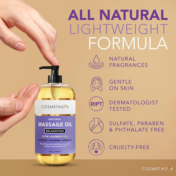 Cosmetasa Lavender Massage Oil for Massage Therapy - All Natural, Cruelty-Free & Spa Quality Skin Therapy Oil, Calming & Soothing Care - Lavender, Geranium & Grapeseed Oil (8.8 oz)