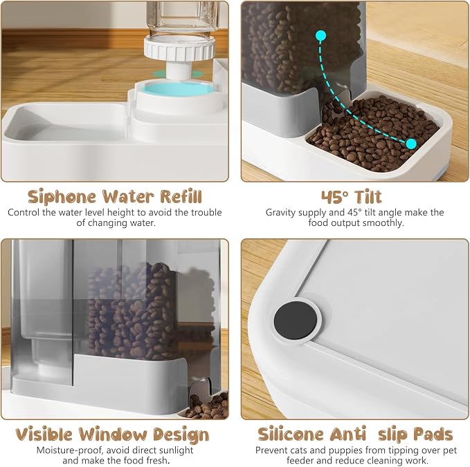 GearRoot Automatic Cat Feeder and Water Dispenser, 2 in 1 Gravity Pet Food Feeder and Water Dispenser Detachable Cat Food Dispenser for Small Dogs and Cats, White
