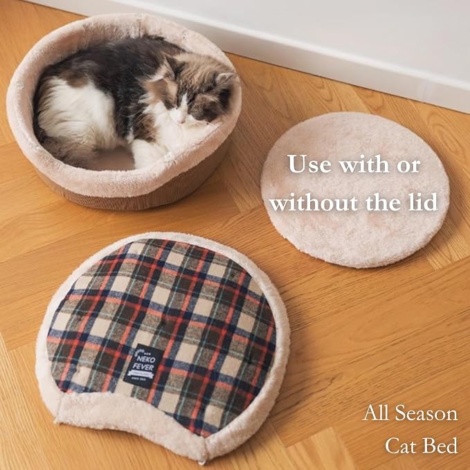 Cat Bed Cave - Enclosed Hideaway with Detachable Lid & Mat for Kitten (Redwhite) | Covered round house, Removable top, Separate liner, Cozy privacy nook, Apartment-friendly shelter, Easy cleaning setup