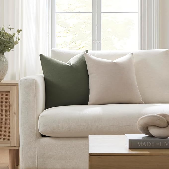 Meekio Set of 2 Olive Green Throw Pillow Covers 18x18, Modern Farmhouse Linen Blend Decorative Pillow Covers for Couch Sofa Bed, Neutral Home Decor