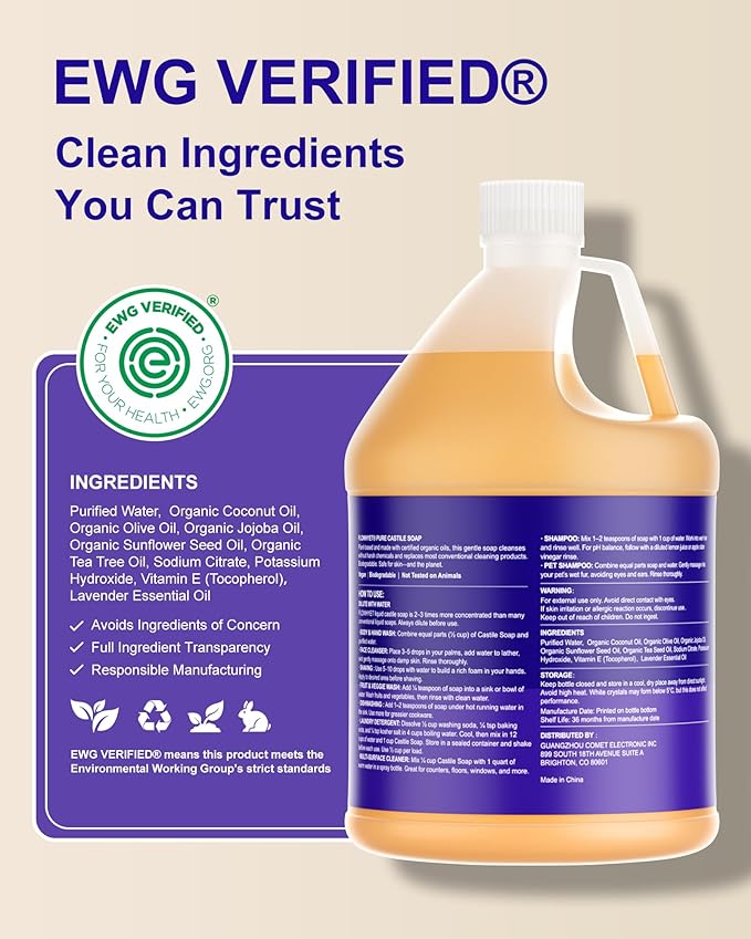 1 Gallon Pure Castile Soap Liquid Lavender Refill –EWG Verified Natural Organic Body Wash, Hard Water Friendly Bath Soap for Oily Skin,Body, Laundry & Home Cleaning 128 fl oz