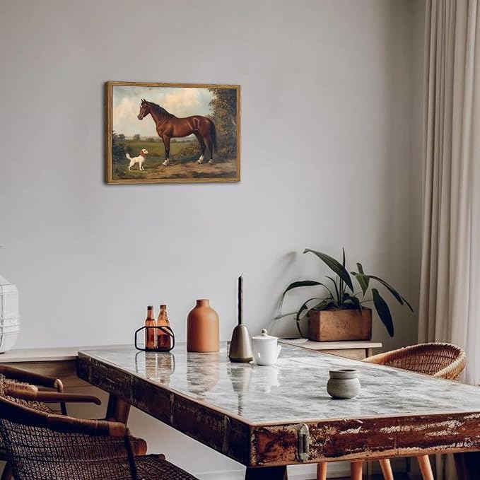 Framed Vintage Wall Art, Rustic Horse and Dog Pictures Wall Decor, Farmhouse Animal landscape Paintings Canvas Prints Neutral Aesthetic Home Decor for Living Room Bedroom Bathroom Office 16x24 inch