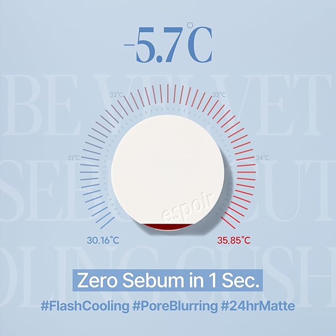 Espoir Be Velvet Sebum Cut Cooling CushionㅣGel-to-Powder Formula with No Clump, Excess Sebum & Oil Control, Sweat-proof, No White Cast and Fresh Finish with Instant Cooling Down, Korean Makeup