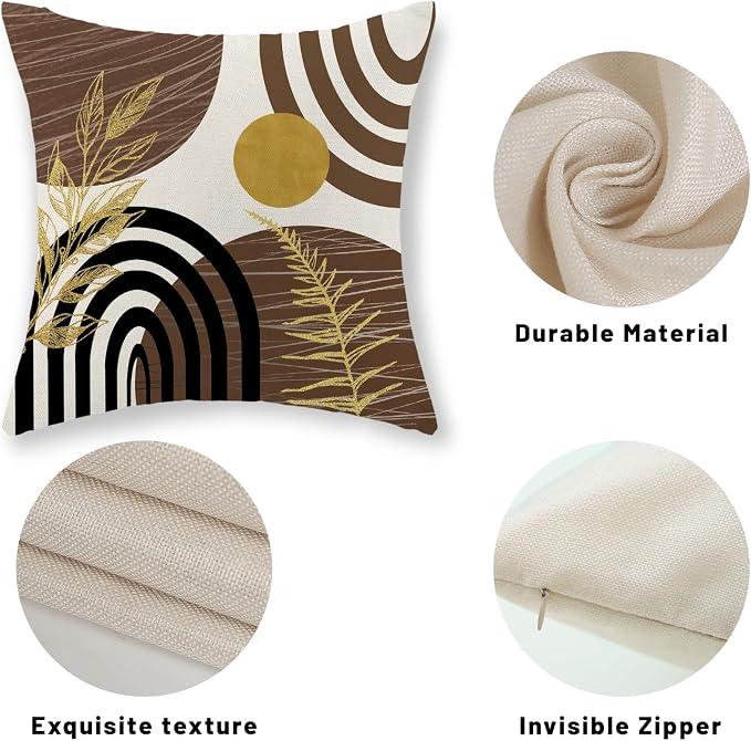 Boho Brown Pillow Covers 18x18 Set of 2 Brown Gold Leaf Tropical Decor Mid Century Throw Pillows Outdoor Bohemian Decorative Pillowcase Farmhouse Abstract Modern Cushion Case for Couch Sofa