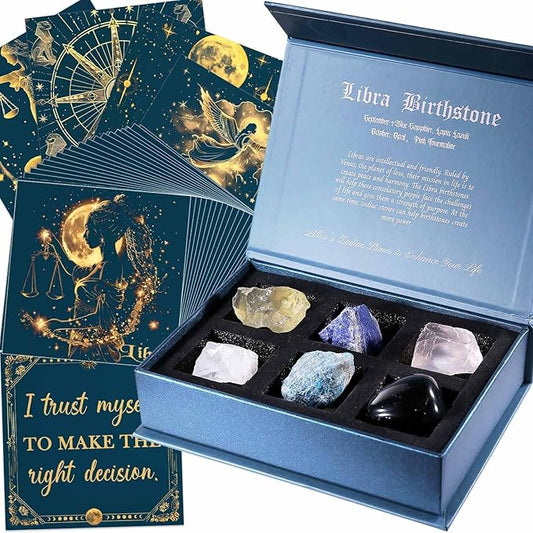 Faivykyd Libra Crystals Gift - 6 Libra Zodiac Natural Stones w/ 50 Miracle Mantras Affirmation Cards, Healing Astrology Gifts for Promoting Positive Energy, Self-Care, Love & Wealth
