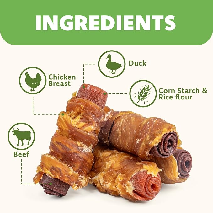 MON2SUN Dog Treats, 3 Inch Rawhide-Free Chicken, Duck & Beef Rolls,13.23 oz | Easy-To-Digest Texture, Suitable for Small Dogs, Daily Reward Use, Made with Real Meat