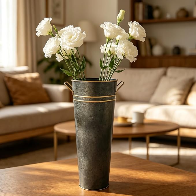 Hosley Set of 2 Zinc Finish French Bucket Vases with Handles 6"Dx15"H Perfect for Weddings, Parties, Country Picnics, Floral Arrangements, Tableware Storage, or Candle Gardens - Rustic Farmhouse Décor