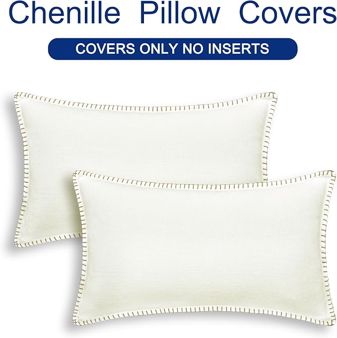CaliTime Decorative Couch Throw Pillow Covers 20 X 12 Inches Cream | Pack of 2, Cozy Chenille Cushion Cases, Cotton Thread Stitching Edges, for Sofa Bed Living Room Farmhouse