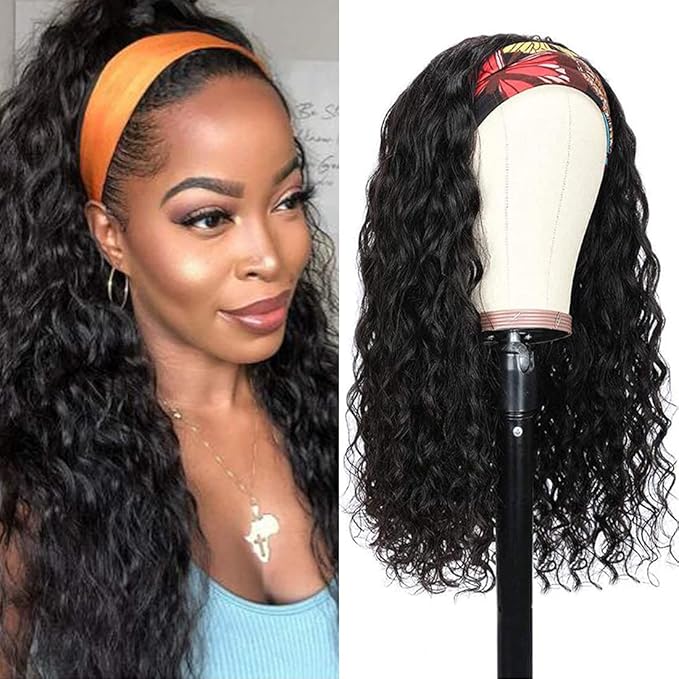 Human Hair Headband Wig Water Wave Human Hair Wigs for Black Women Brazilian Virgin Hair Glueless None Lace Front Wigs 150% Density (16" Headband wigs)