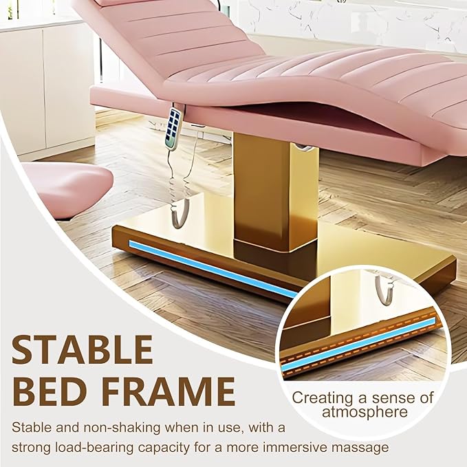 Massage Table-Electric Massage Table with Pink Light Luxury Style, Facial Beauty Table Includes Intelligent Angle Adjustment, Ambient Light