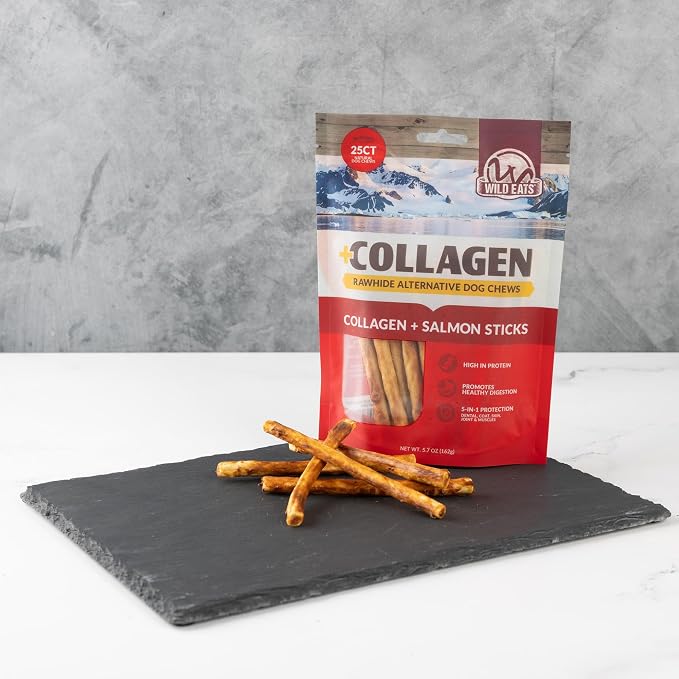 Wild Eats Real Salmon Collagen Bully Sticks for Dogs, 25 Pack, Long Lasting | Rawhide and grain free no hide chew treats, high protein recipe, satisfies natural gnawing urges, suits all breeds and sizes