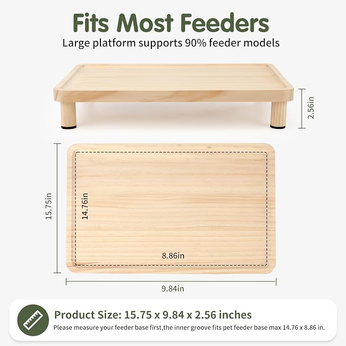 Cat Food Stand, Elevated Cat Feeding Station for Bowls & Feeders | Raised Rim Bowl Support, For Automatic Feeders & Bowls, Non-Slip Feet, Tool-Free Assembly, 15.8 x 9.8 in Wood Platform