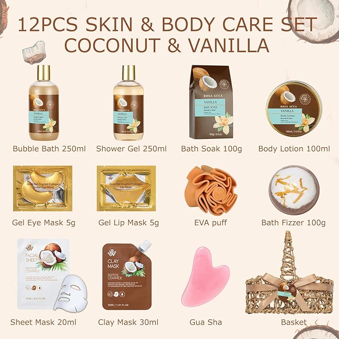 Mothers Day Gifts for Mom, 12pcs Vanilla Coconut Bath and Body Gift Basket Set, Self Care Set, Home Spa Basket Gift, Hydrating Skin Care Set, Anniversary, Birthday, Christmas, Wife