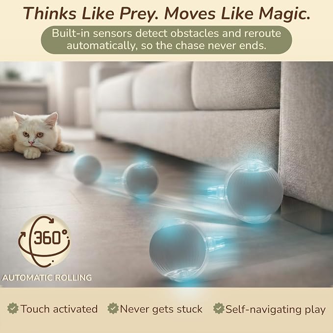 Interactive Cat Toy Automatic Moving Ball, Indoor Cats, Rechargeable, Gray