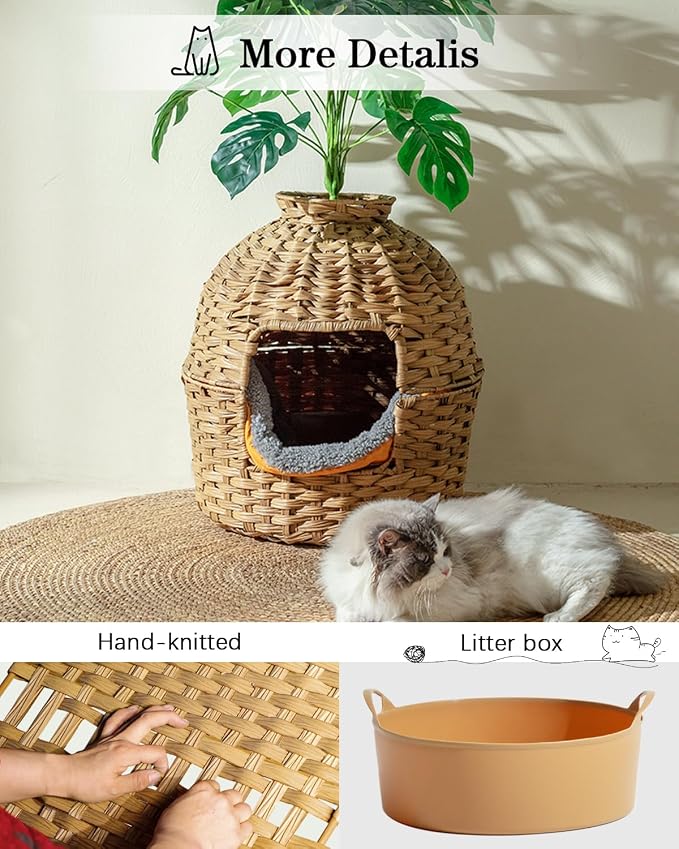 SETVSON Cat Litter Box Plant Furniture Enclosure, Rattan PE House, Natural | Decorative Planter Design, Removable Top for Easy Cleaning, Includes Artificial Plants, Real Stones, 20 x 20 Inches
