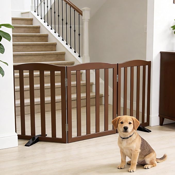 ZJSF Foldable Freestanding Indoor Dog Gate for House Wood Long Pet Gates Dog Fence for Stairs Puppy Gates for Hallways, Puppy Gate,Support Feet Included, Brown, 24 "Height-3 Panels