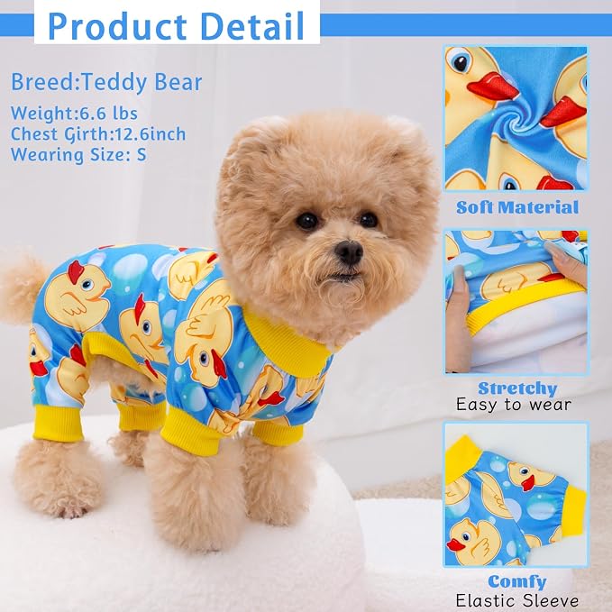 XPUDAC 2 Pack Dog Pajamas for Small Breeds, Soft Warm Dog Pjs Onesie 4-Way Stretch Pet Outfit Lightweight Pet Clothes Boy Girl Duck Strawberry Print, M