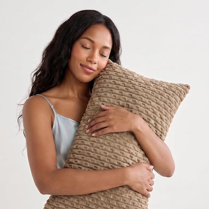 Kevin Textile Soft Corduroy 14"x24" Lumbar Pillow Cover 1 Pack, Khaki | Boho Stripe Plush Corduroy Decorative Oblong Cushion Cover Modern Farmhouse Home Decor for Sofa Couch Bed Chair