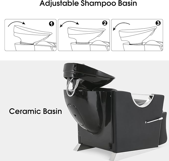 BarberPub Ceramic Bowl Shampoo Chair Extended Ceramic Shampoo Bowl Sink Chair Station for Spa Beauty Salon Professional Hair Salon Equipment 9073 (Black)