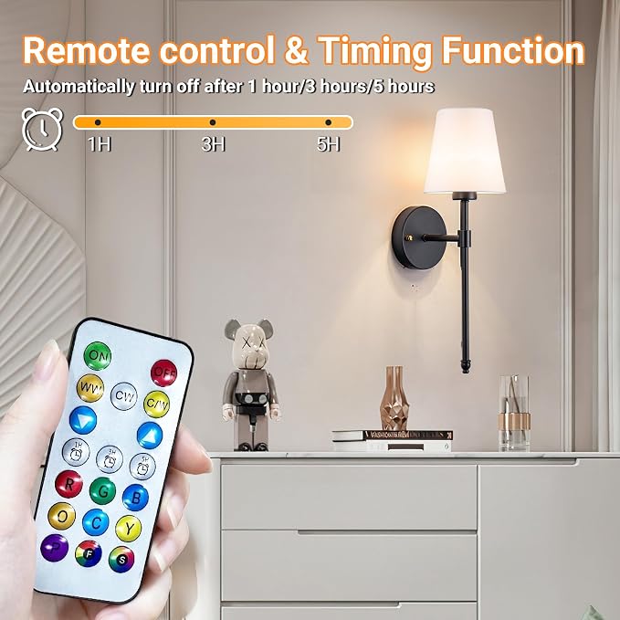 Nekhung Battery Operated Wall Sconce, Peel and Stick Sconces Set of 2 | Wireless Adhesive Stick On Wall Sconce, 10000mAh Rechargeable RGB Bulb with Remote, No Drill Wall Light for Bedroom Decor